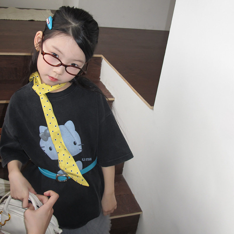 小女孩女童时髦洗褪做旧工艺宽松半袖韩版可爱猫咪短袖上衣T恤