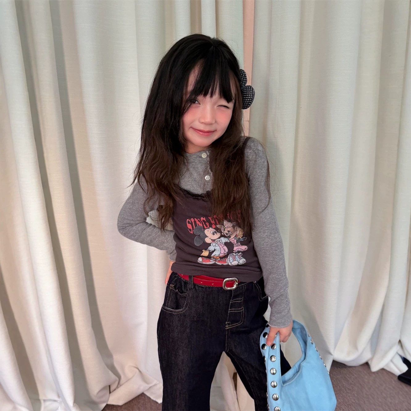 2026秋季新款韩版女童卡通印花两件套洋气花边打底衫+牛仔九分裤
