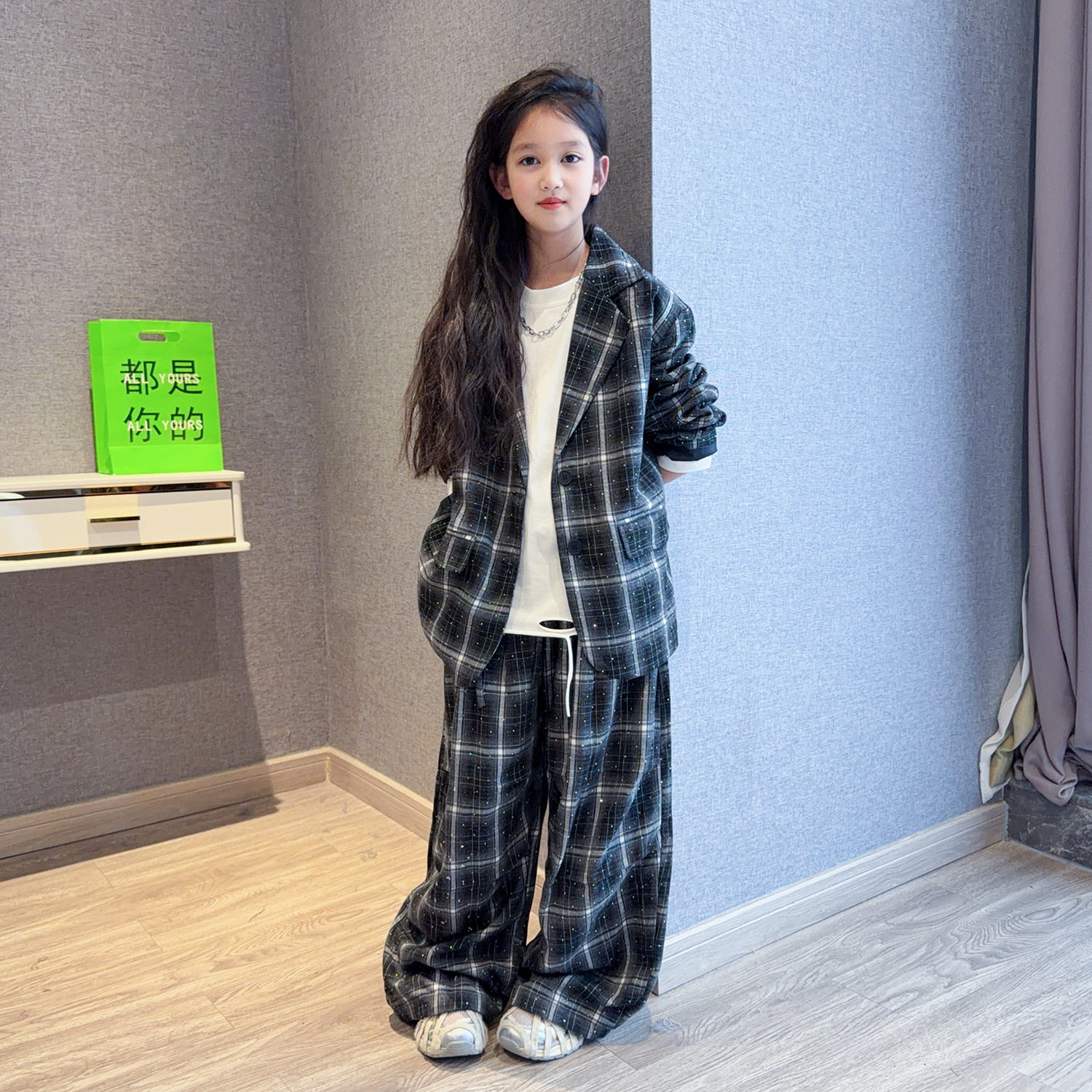 女童格子套装2026春秋装新款酷女孩洋气烫钻西装男女同款两件套潮