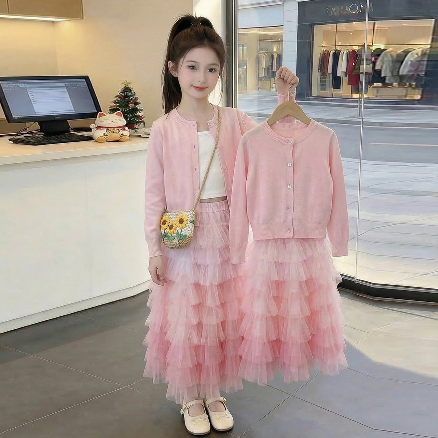 女童春装套装2026新款洋气儿童蛋糕网纱半身裙两件套女孩春季开衫