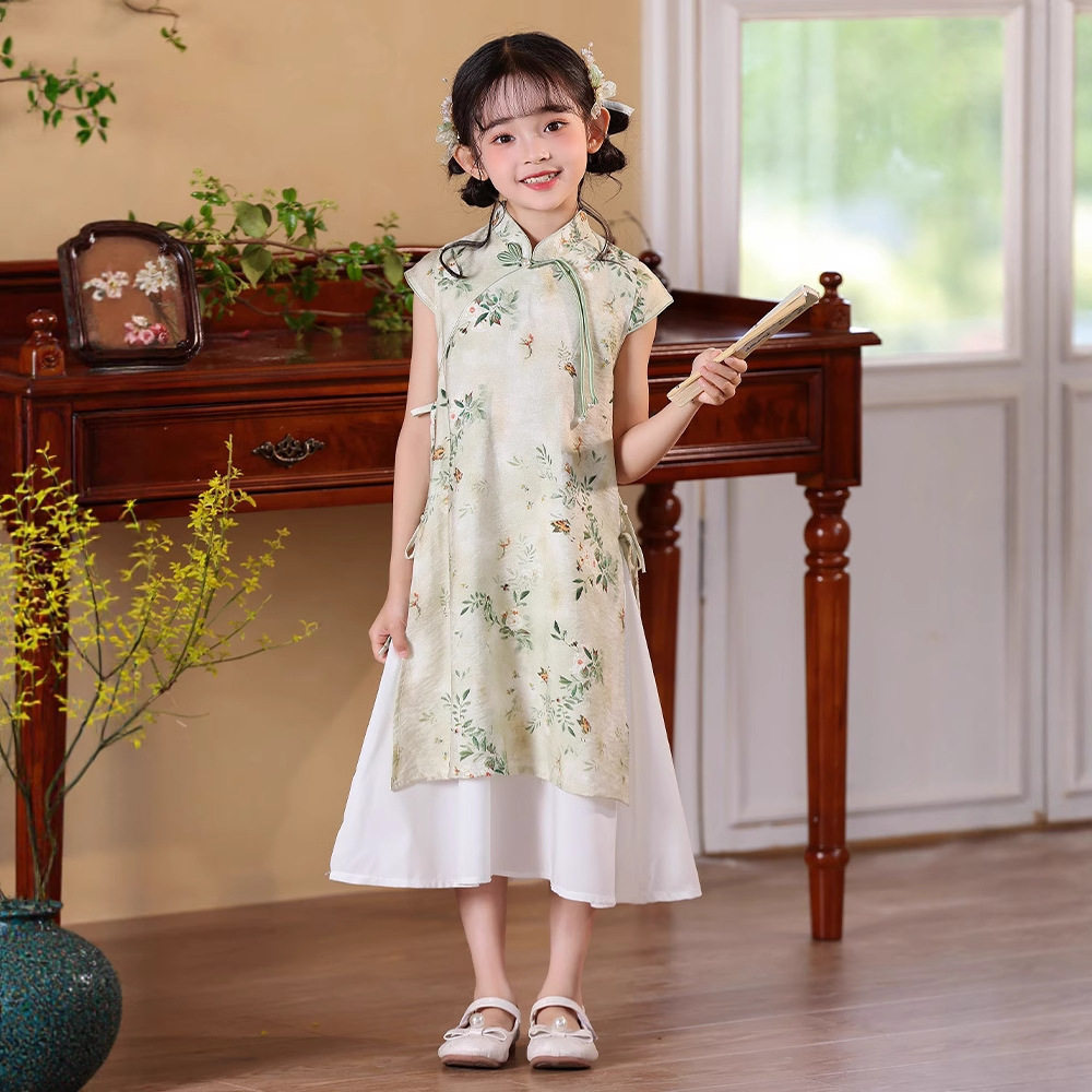 古风改良大摆女童旗袍儿童刺绣长款连衣裙2026夏季新中式薄款汉服