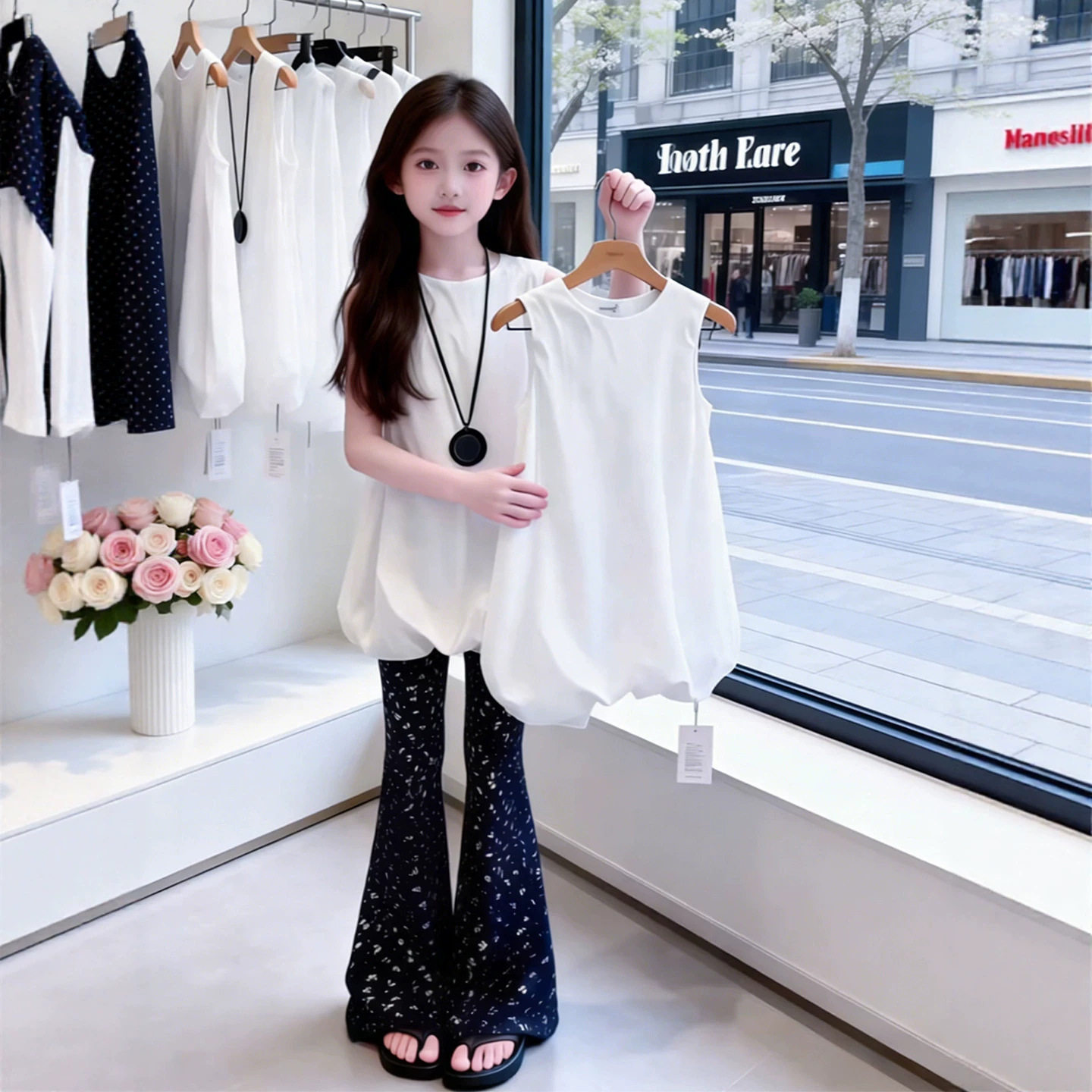 女童夏装套装2026新款儿童衣服夏季背心大童独特漂亮喇叭裤两件套