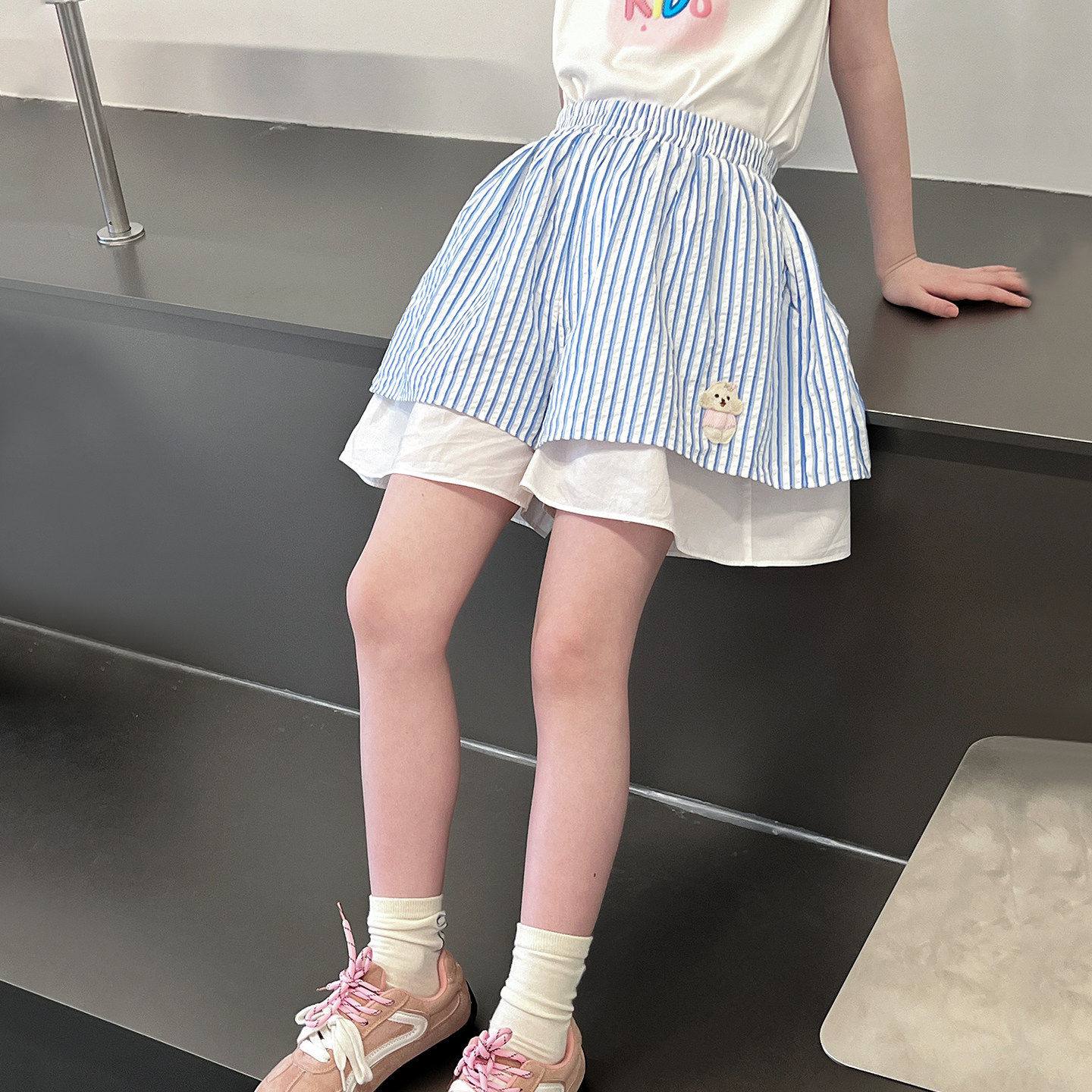 女童条纹短裤儿童洋气宽松热裤大童休闲五分中裤子2026夏装新款
