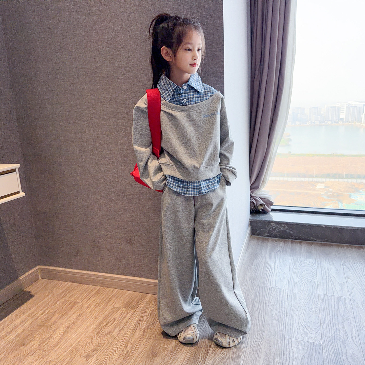 女童套装2026春装假两件卫衣中大儿童宽松休闲运动长裤两件套女孩