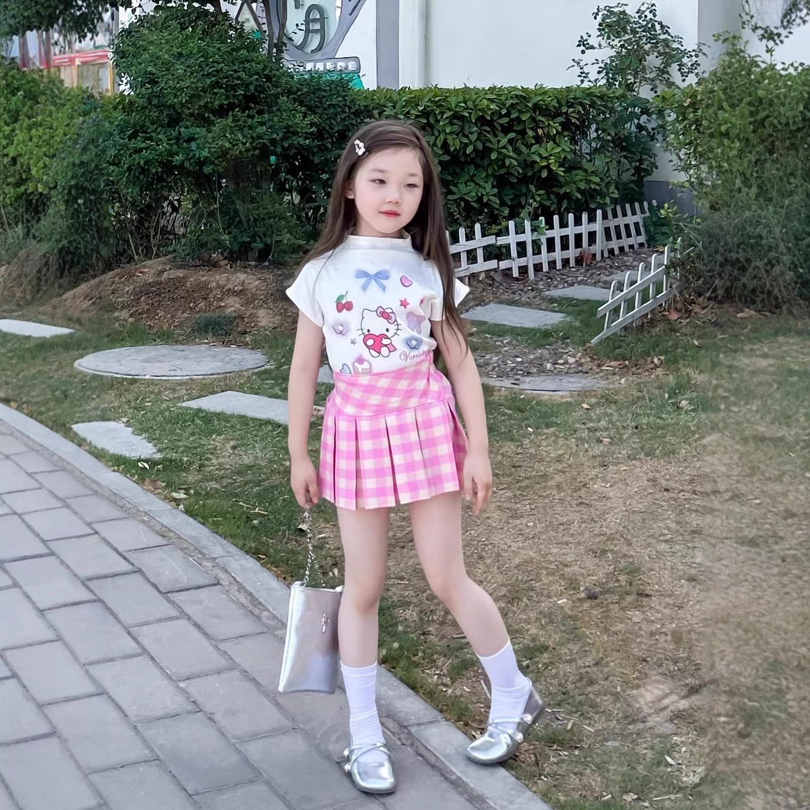 女童夏季甜美可爱卡通短袖T恤上衣粉色格子百褶裙甜系少女洋气