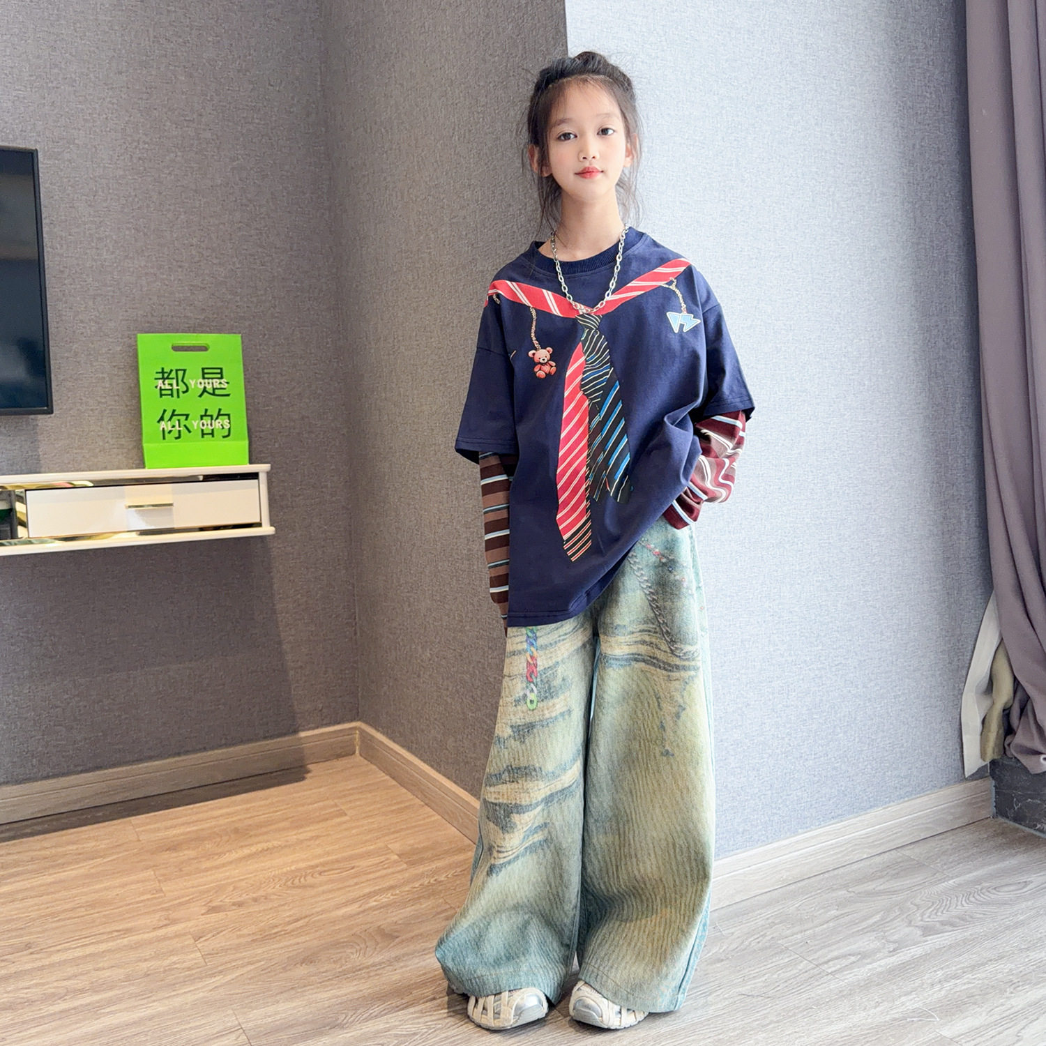 儿童美式假两件上衣牛仔裤套装2026新款长袖T恤洋气衣服