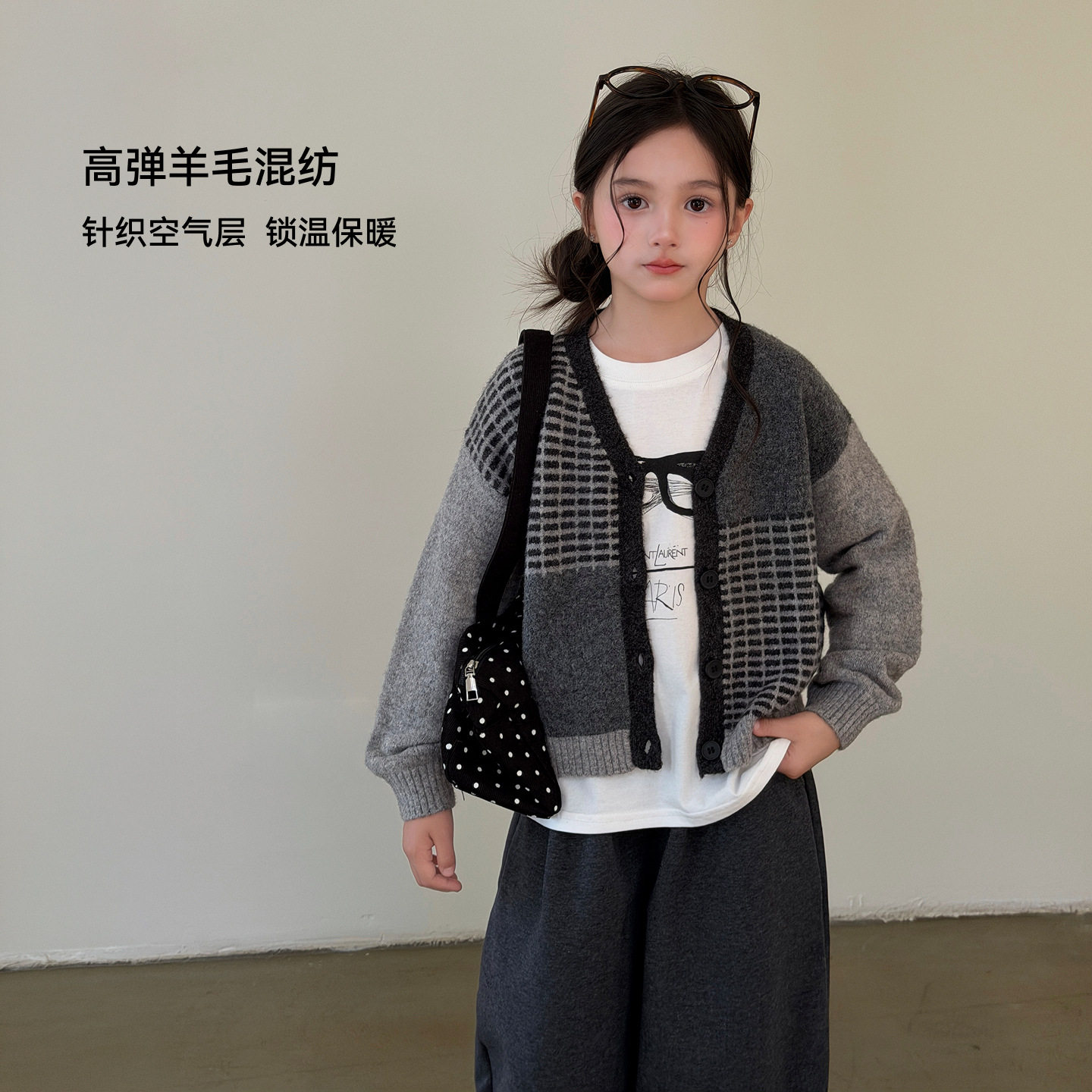 大童洋气韩版童装女童毛衣外套2026秋季新款亲子设计感拼色针织衫