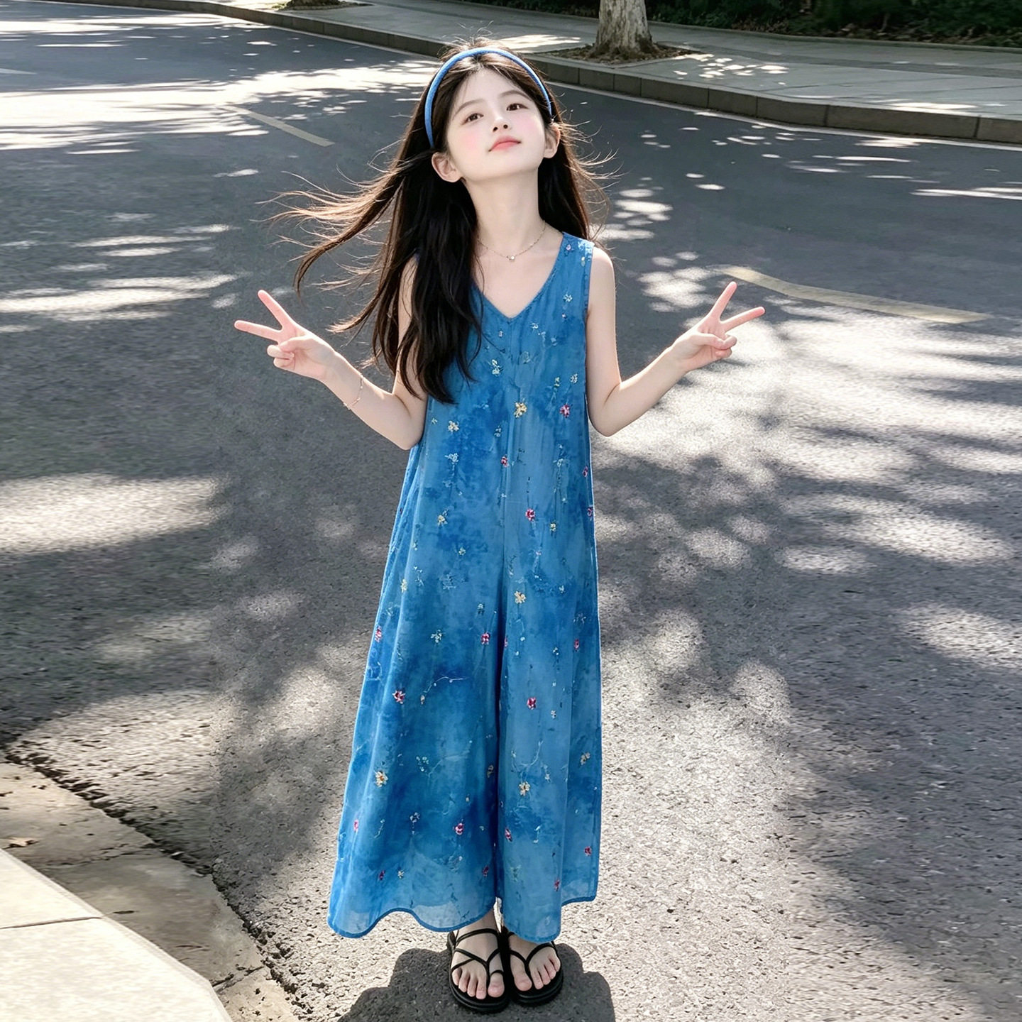 女童扎染连体裤夏季新款蓝色高级刺绣无袖连体衣阔腿裙裤薄款夏装
