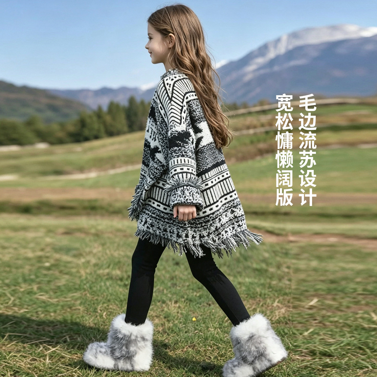 女童秋冬加厚针织流苏开衫大衣