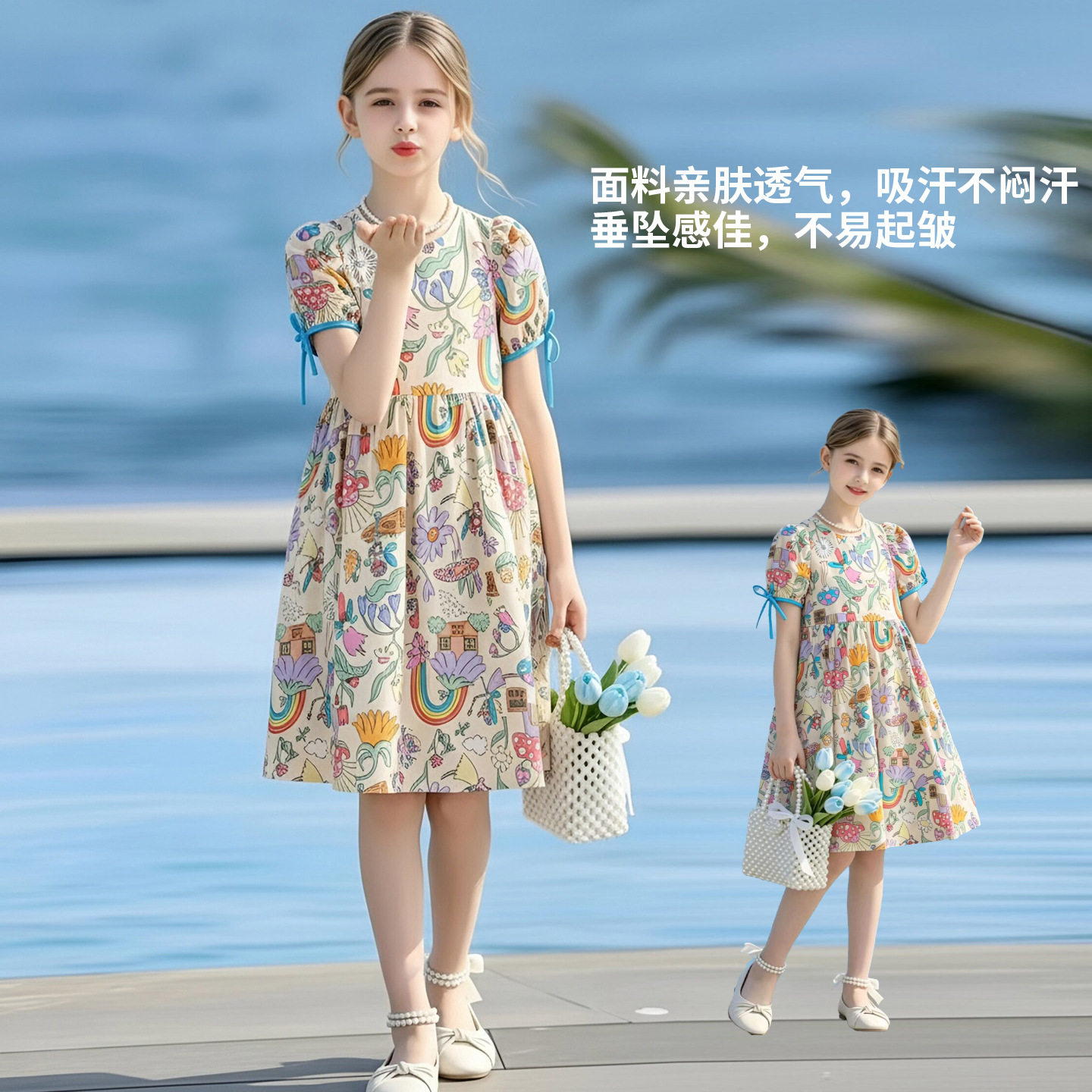 女童连衣裙2026新款夏季洋气儿童纯棉短袖裙子大童碎花长裙公主裙
