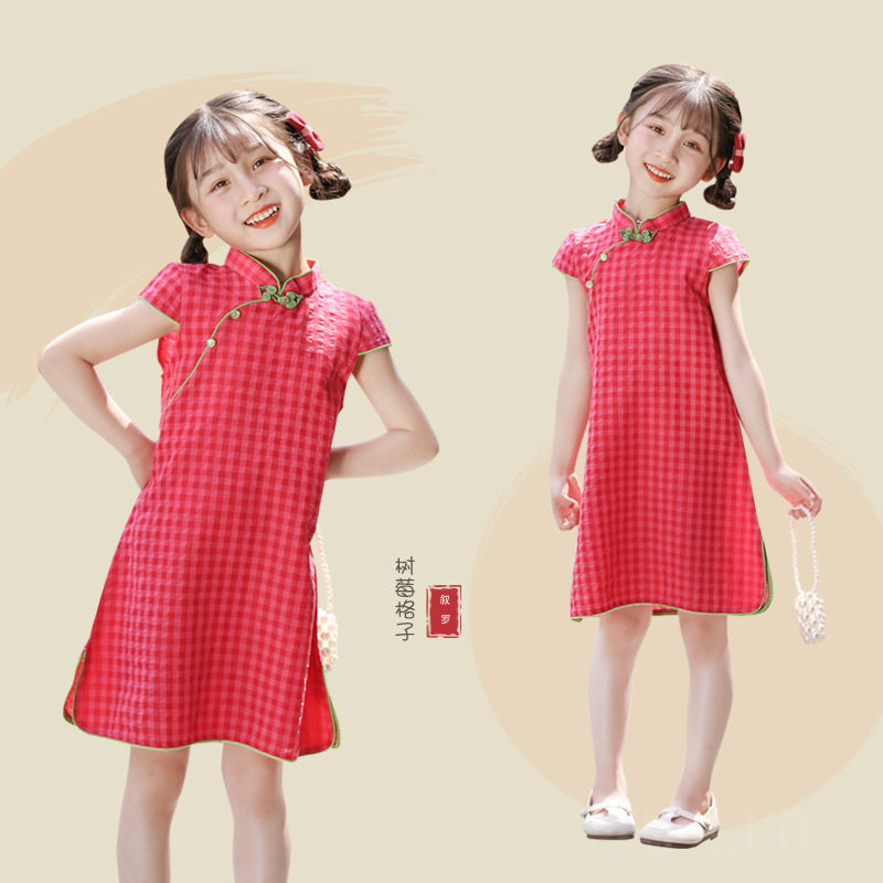 儿童旗袍夏季新款改良汉服女童中国风复古格子连衣裙女孩中式童装
