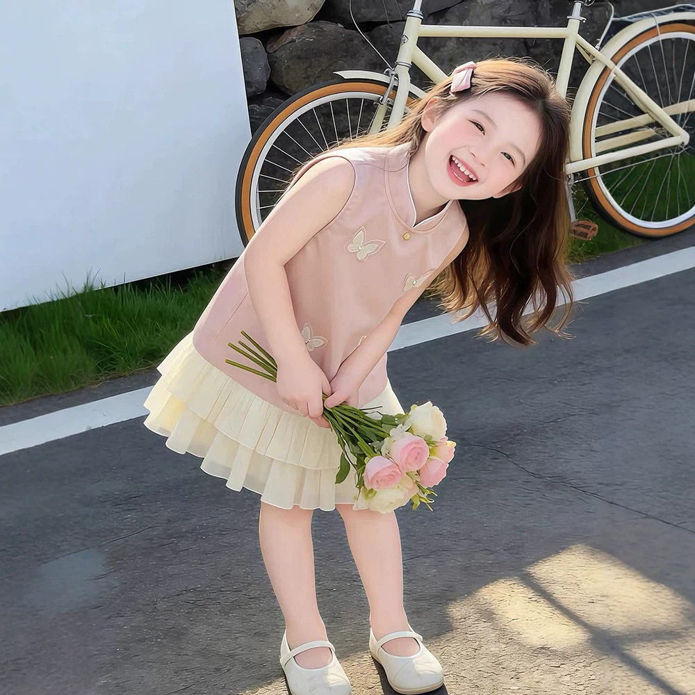 2026夏女童新中式无袖旗袍裙立体蝴蝶网纱下摆宝宝国风改良连衣裙