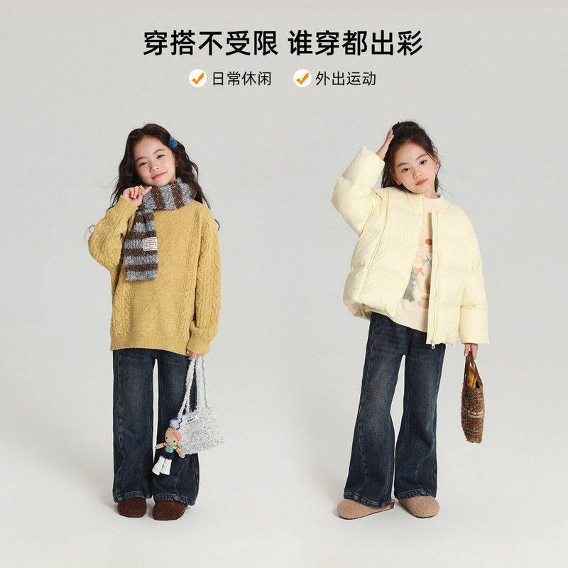 大童洋气儿童微喇牛仔裤子女童2025冬季新款修身加绒加厚休闲长裤