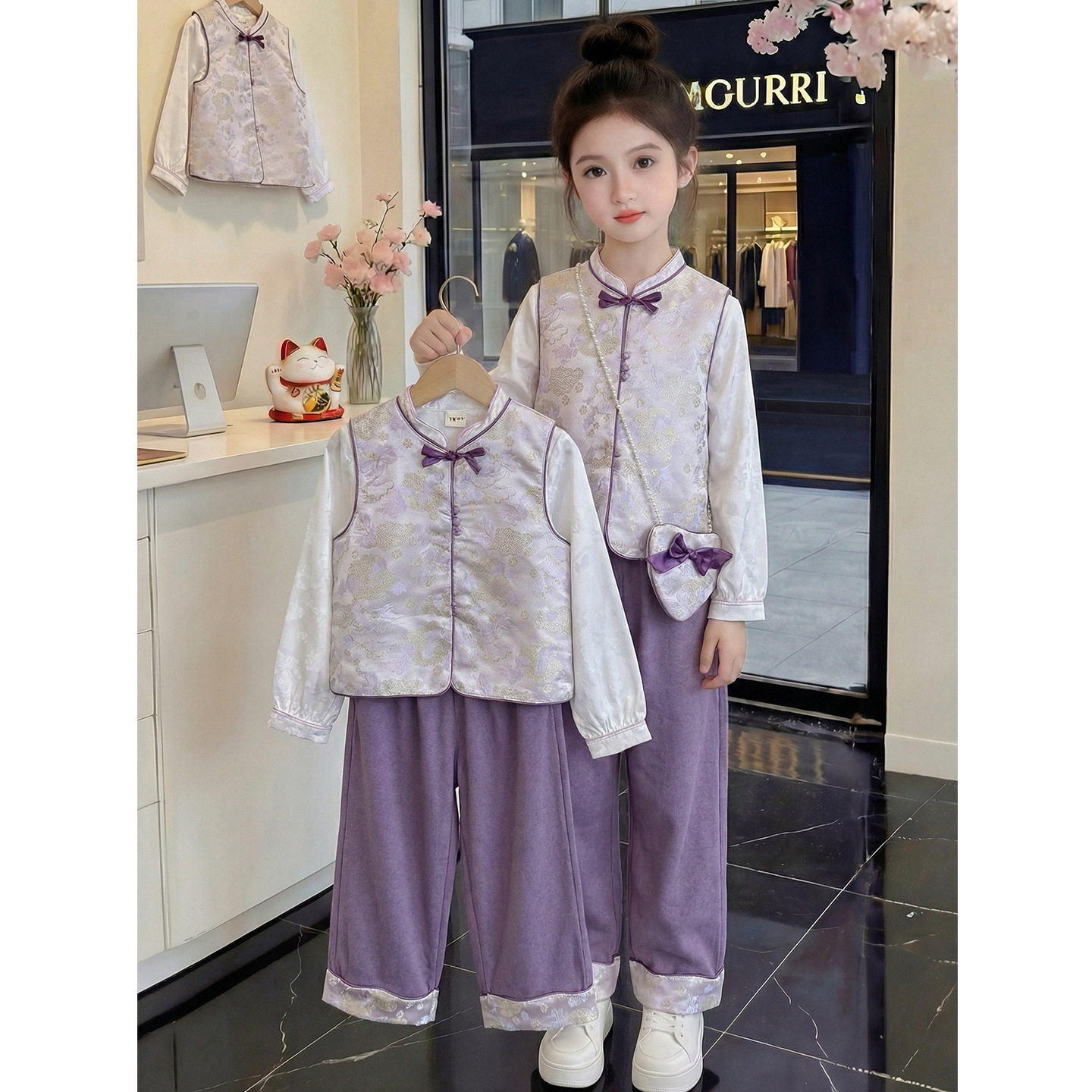 女童春装套装2026新款儿童网红洋气爆款汉服国风马甲女孩春秋套装