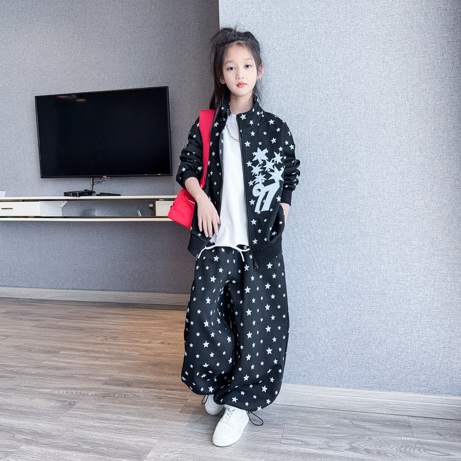 女童套装2026春装新款星星满印开衫外套儿童装休闲阔腿裤两件套潮