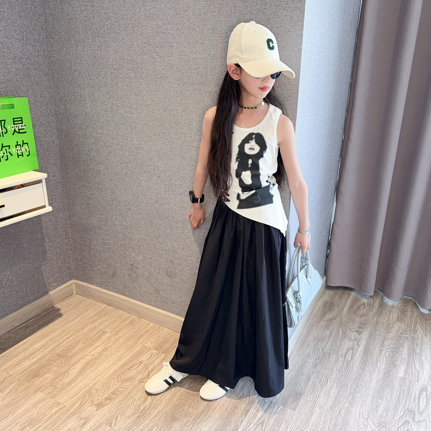 女童2026夏季套装美式复古不规则背心儿童装无袖小上衣半身裙两件