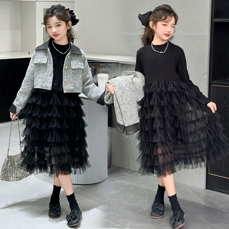 女童小香风外套春秋季2026新款黑色蛋糕裙儿童中大童连衣裙两件套