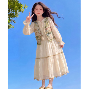 女童秋季刺绣马甲两件套连衣裙
