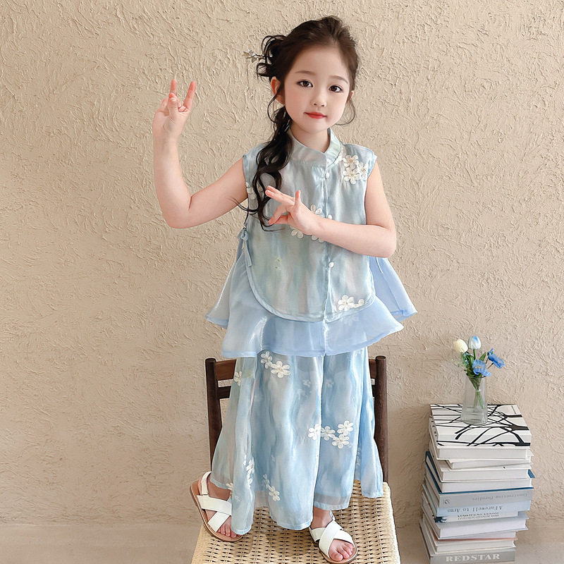 女童无袖旗袍套装2026夏款大童国风薄款汉服冰丝新中式背心阔洋气