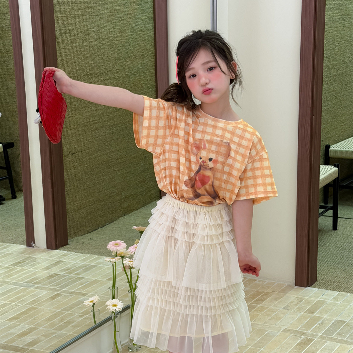 花与寻童装女童T恤2026夏季新款韩版黄格纹小熊短袖甜美宽松上衣