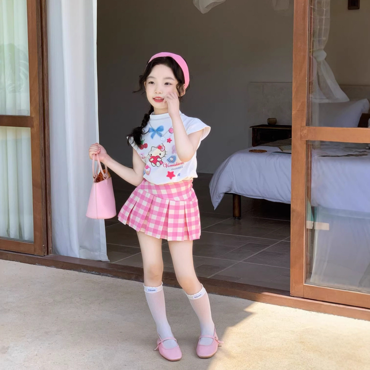 女童夏季甜美可爱卡通短袖T恤上衣粉色格子百褶裙甜系少女洋气