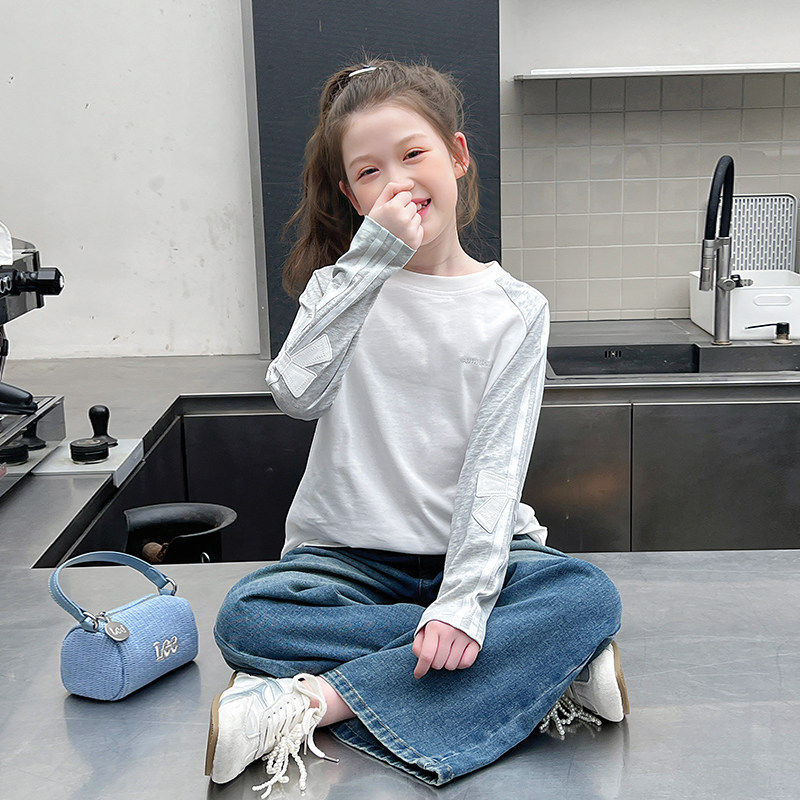 女童撞色白t恤大童洋气插肩袖上衣儿童内搭打底衫2026春秋装新款