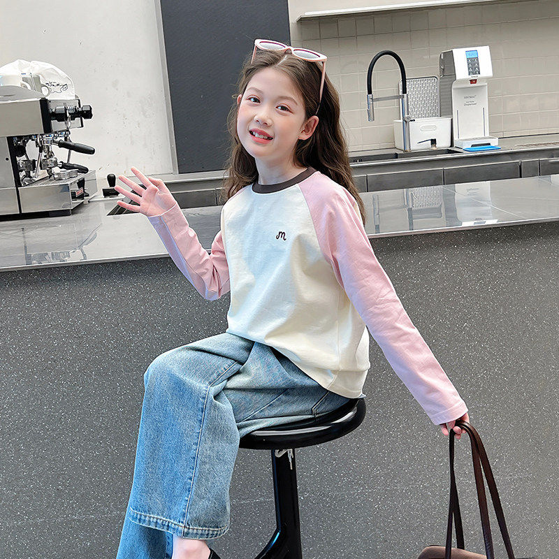 儿童撞色插肩袖t恤女童洋气长袖上衣大童打底衫2026春秋装新款