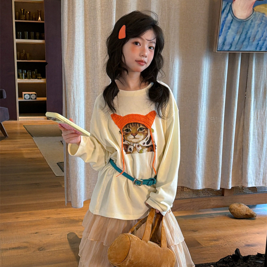 女童秋季新款猫咪印花长袖T恤