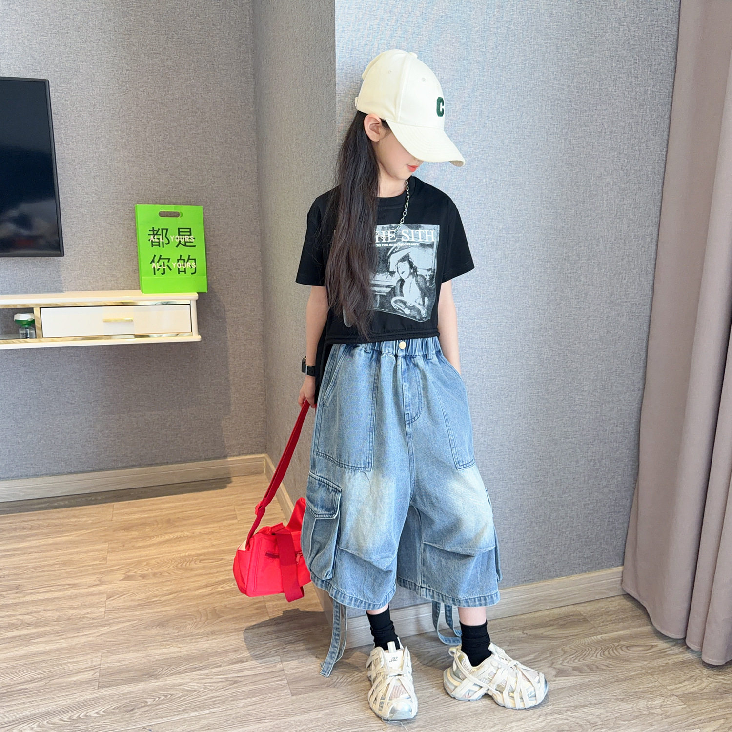 儿童工装风牛仔短裤2026夏装休闲中裤七分裤子洋气短袖上衣两件套