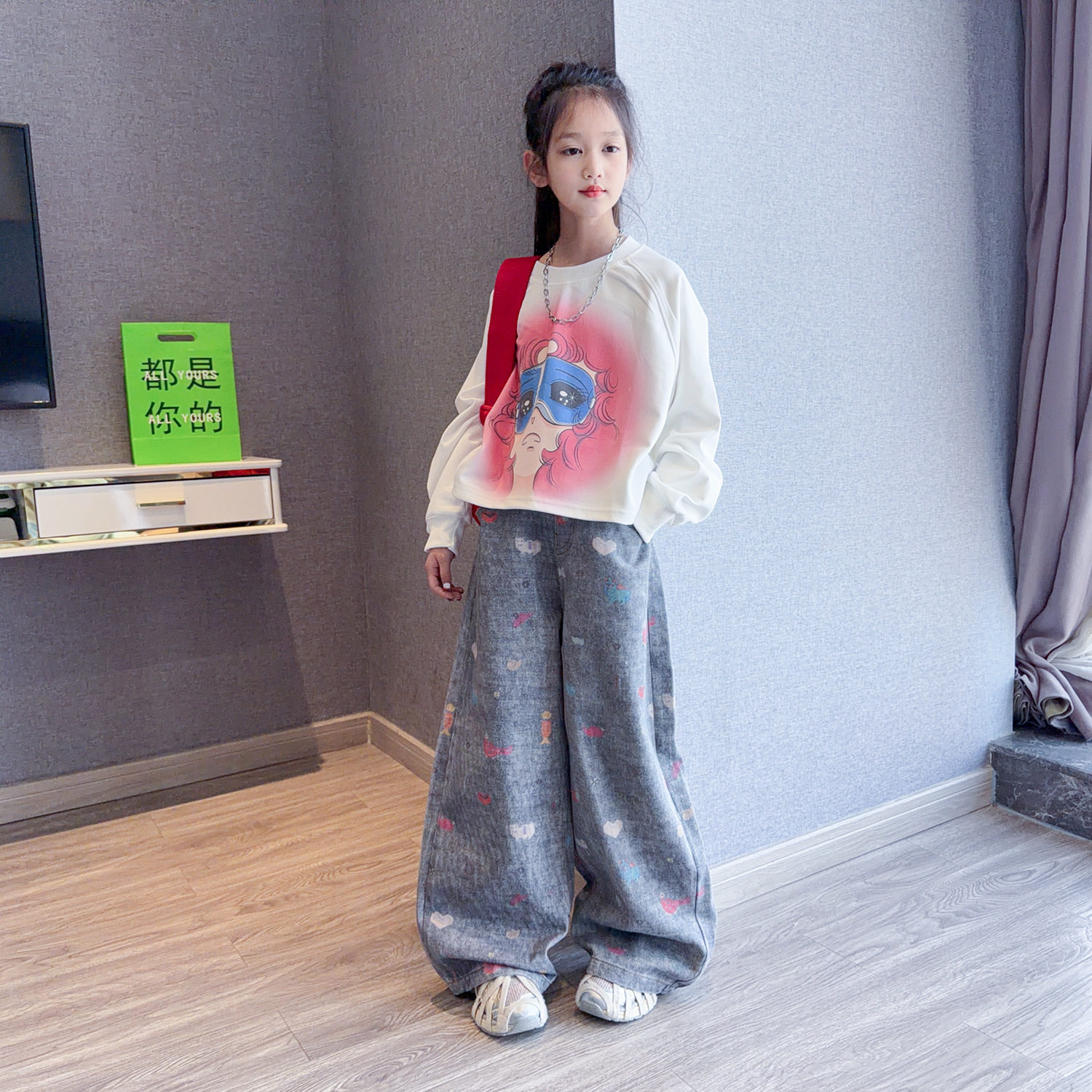 女童2026春新款时髦洋气套装儿童休闲卫衣大童时尚宽松阔腿牛仔裤