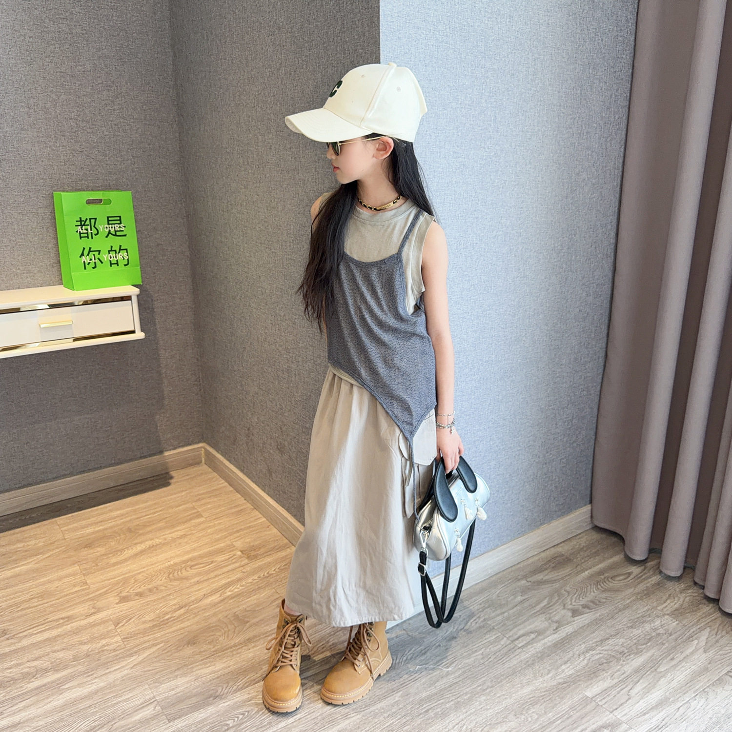 女童潮酷风连衣裙夏季2026新款洋气儿童叠穿背心工装风裙子两件套