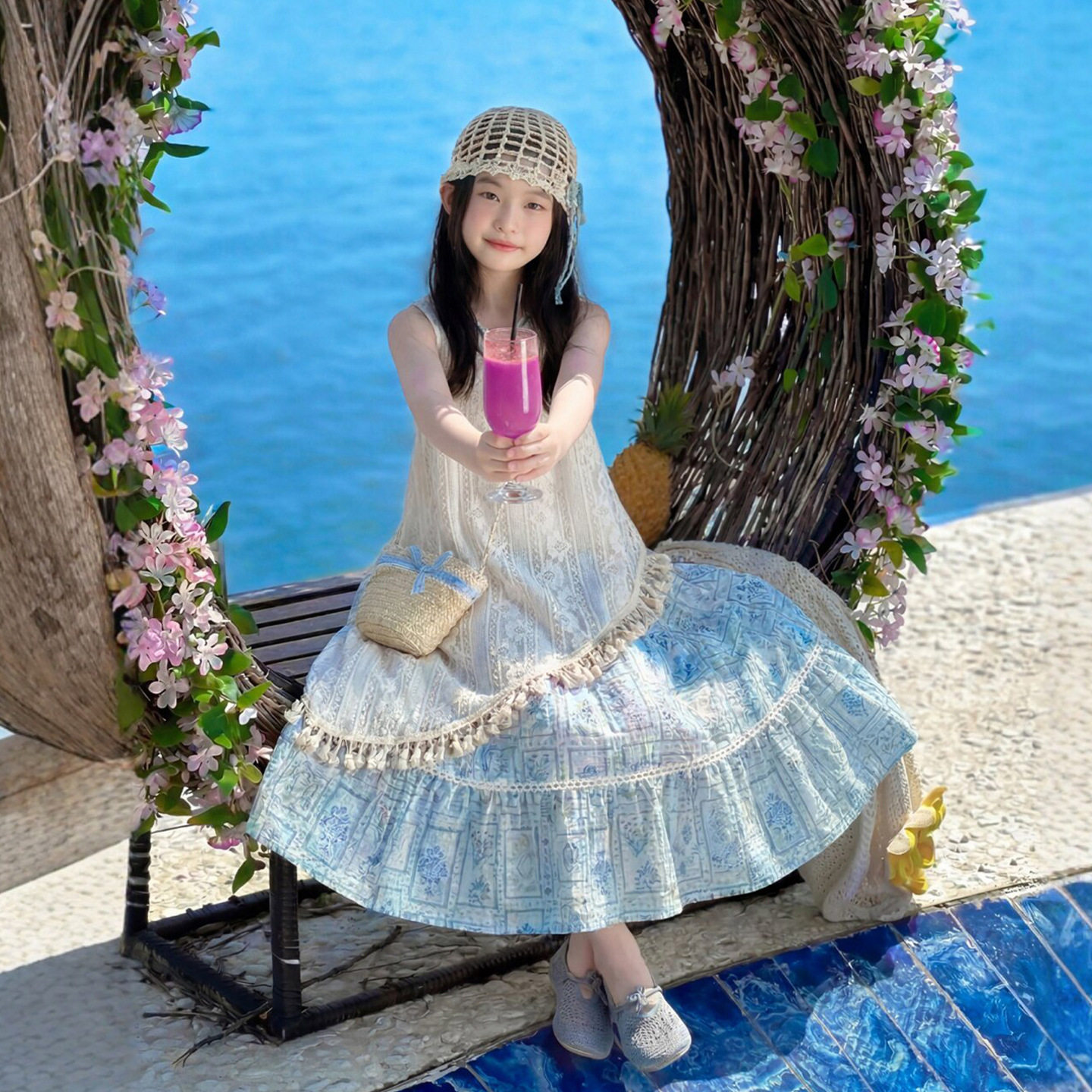 女童绝美裙子夏2026新款初中生夏季海边穿搭女孩波西米亚风连衣裙