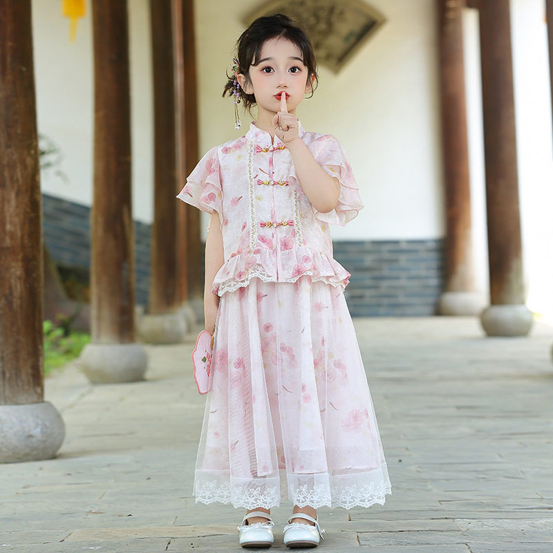 女童夏季碎花短袖旗袍连衣裙