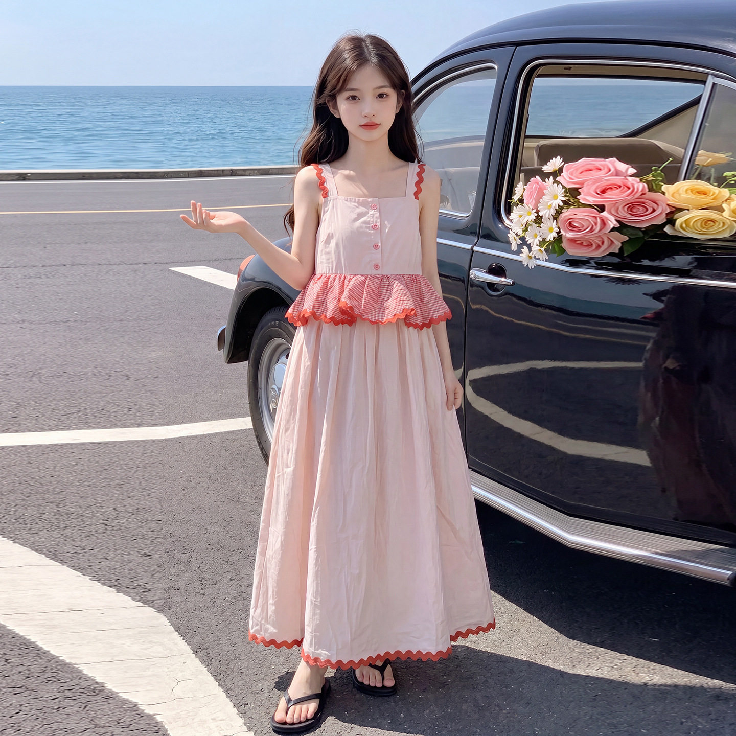 女童吊带荷叶边连衣裙夏季2026新款无袖格子长裙假两件木耳边裙子