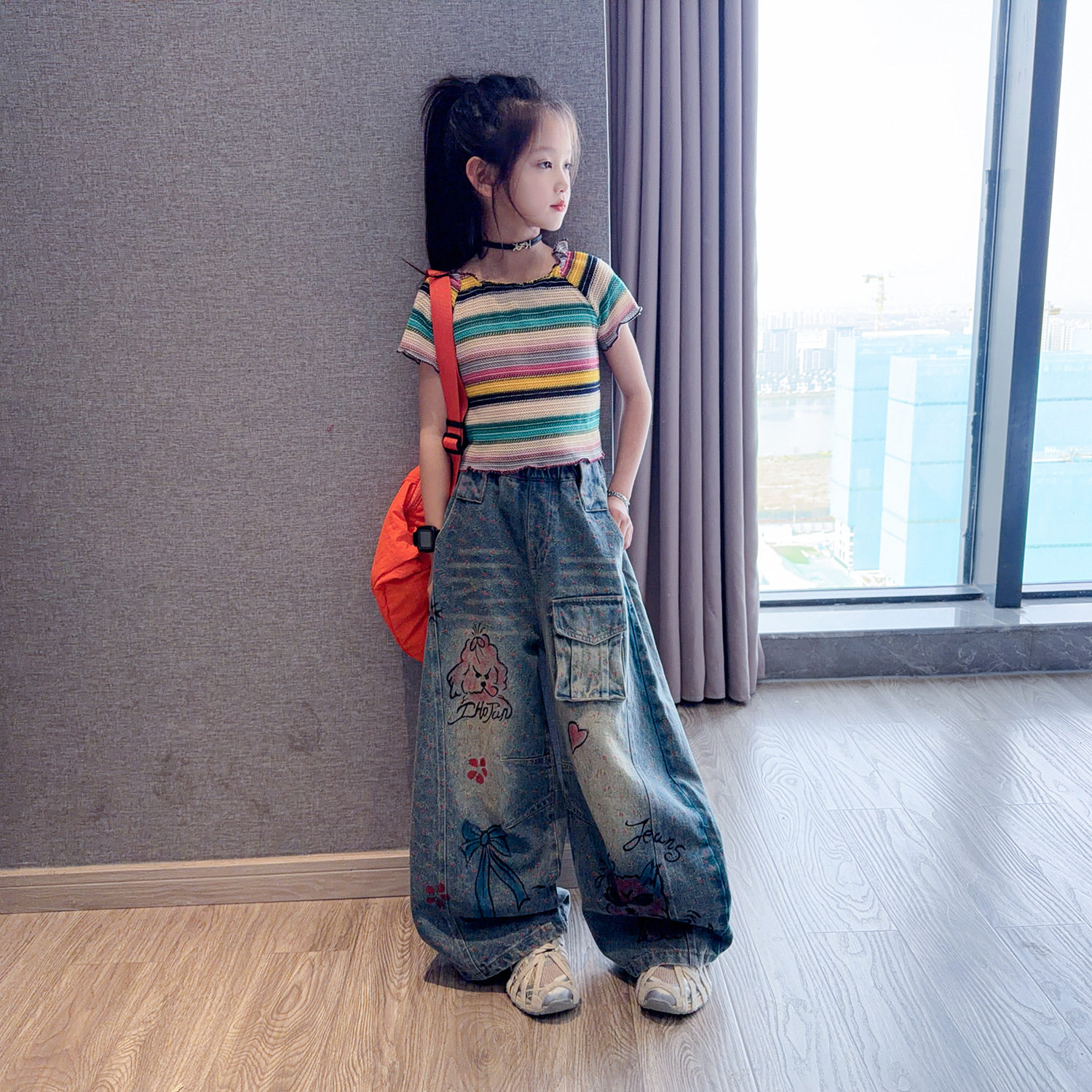 女童美式复古牛仔裤套装2026夏季洋气女孩短袖上衣休闲阔腿弯刀裤