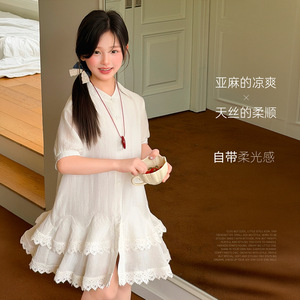 Miaxdx童装女童连衣裙2026夏季新款立领蕾丝花边宝宝裙子