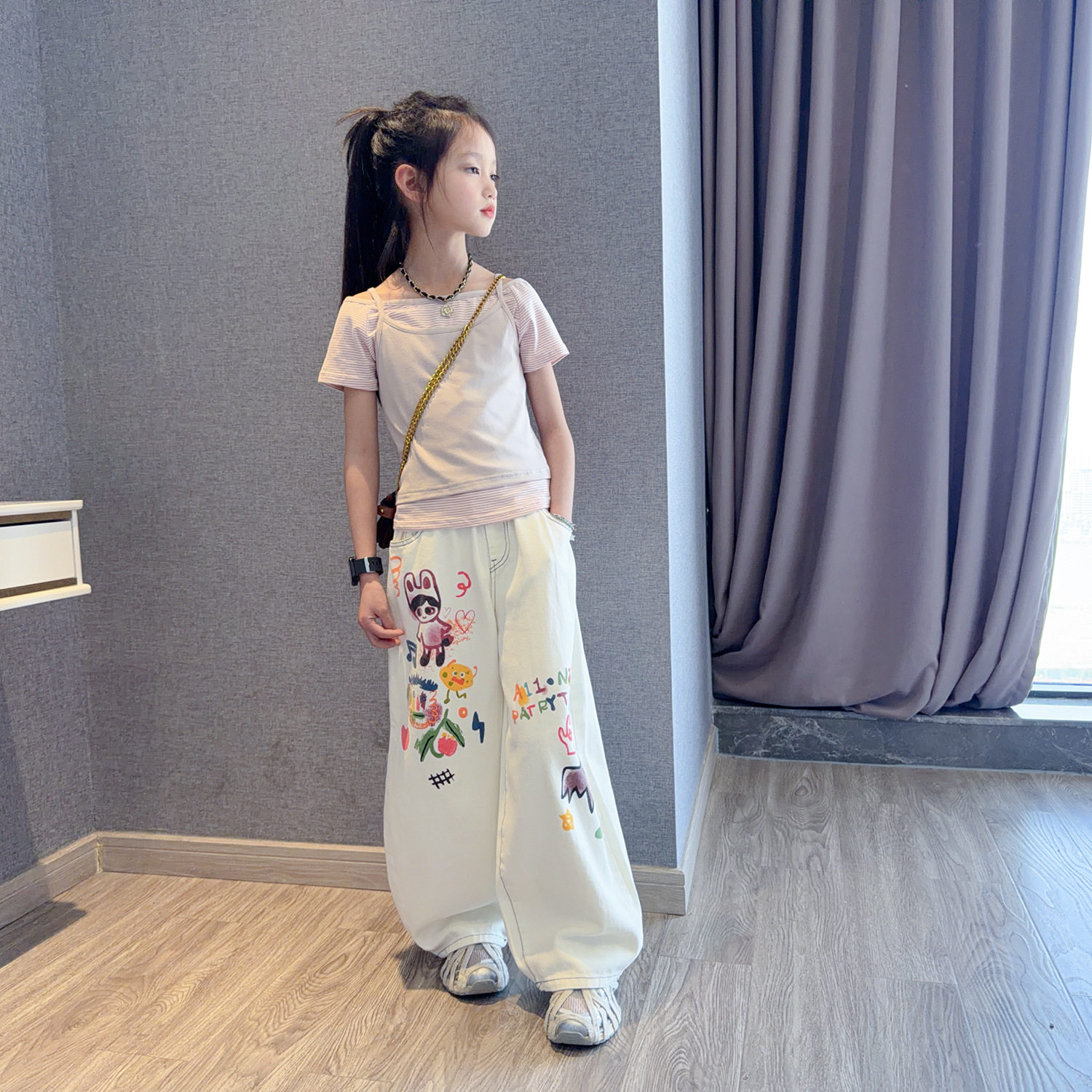 女童休闲裤夏季薄款儿童短袖裤套装2026新款洋气女孩时髦百搭