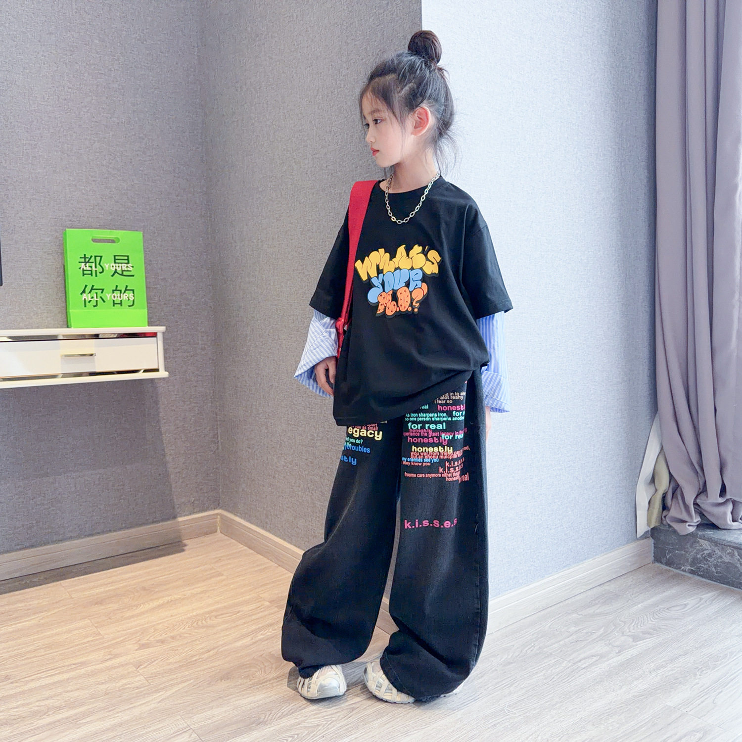 女童2026新款春装儿童洋气假两件打底女孩百搭上衣牛仔阔腿裤套装