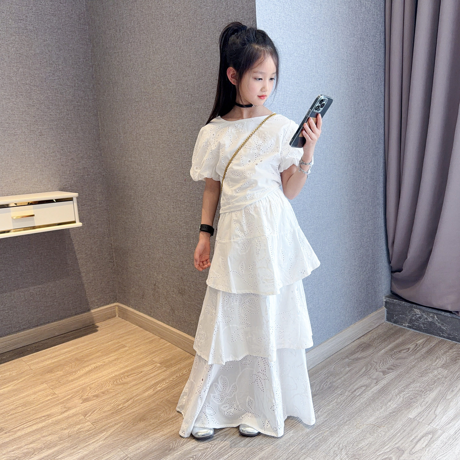 女童2026新款法式白色短袖连衣裙洋气小女孩蛋糕裙儿童韩系长裙套