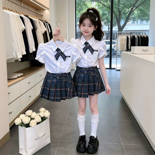女童学院风套装夏季2026新款儿童格子百褶裙女孩夏装JK制服两件套
