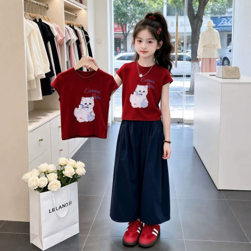 巨好看的女童套装夏季儿童衣服2026新款女孩猫咪短袖阔腿裤夏装潮