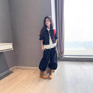 女童2026春装新款时尚工装阔腿弯刀裤儿童洋气短款牛仔外套两件套