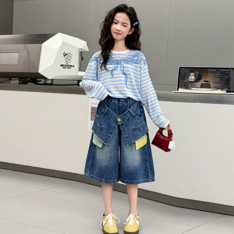 女童T恤长袖夏季2026新款儿童轻薄女孩条纹罩衫大童牛仔中裤套装