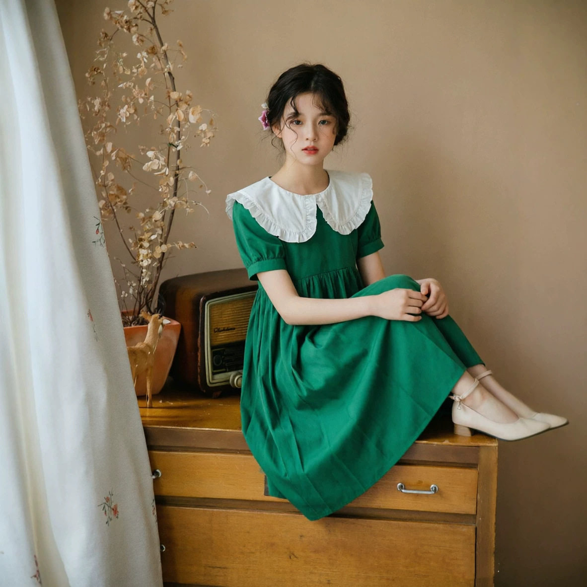 女童绿色娃娃领连衣裙2026夏季新款中大童森系泡泡袖洋气公主裙潮