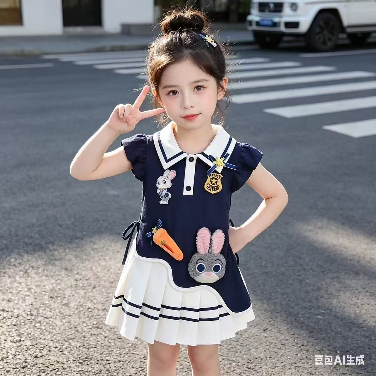 女童学院风连衣裙2026新款儿童卡通洋气兔子警官百褶公主裙女孩潮