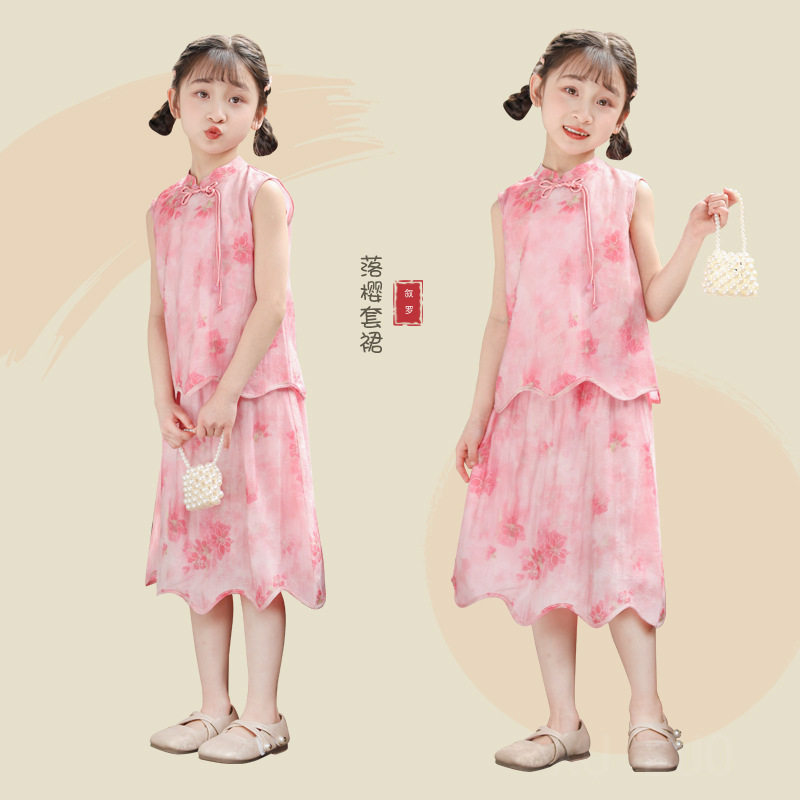夏季新款儿童汉服套裙女童改良旗袍裙新中式女孩国风套装洋气汉服