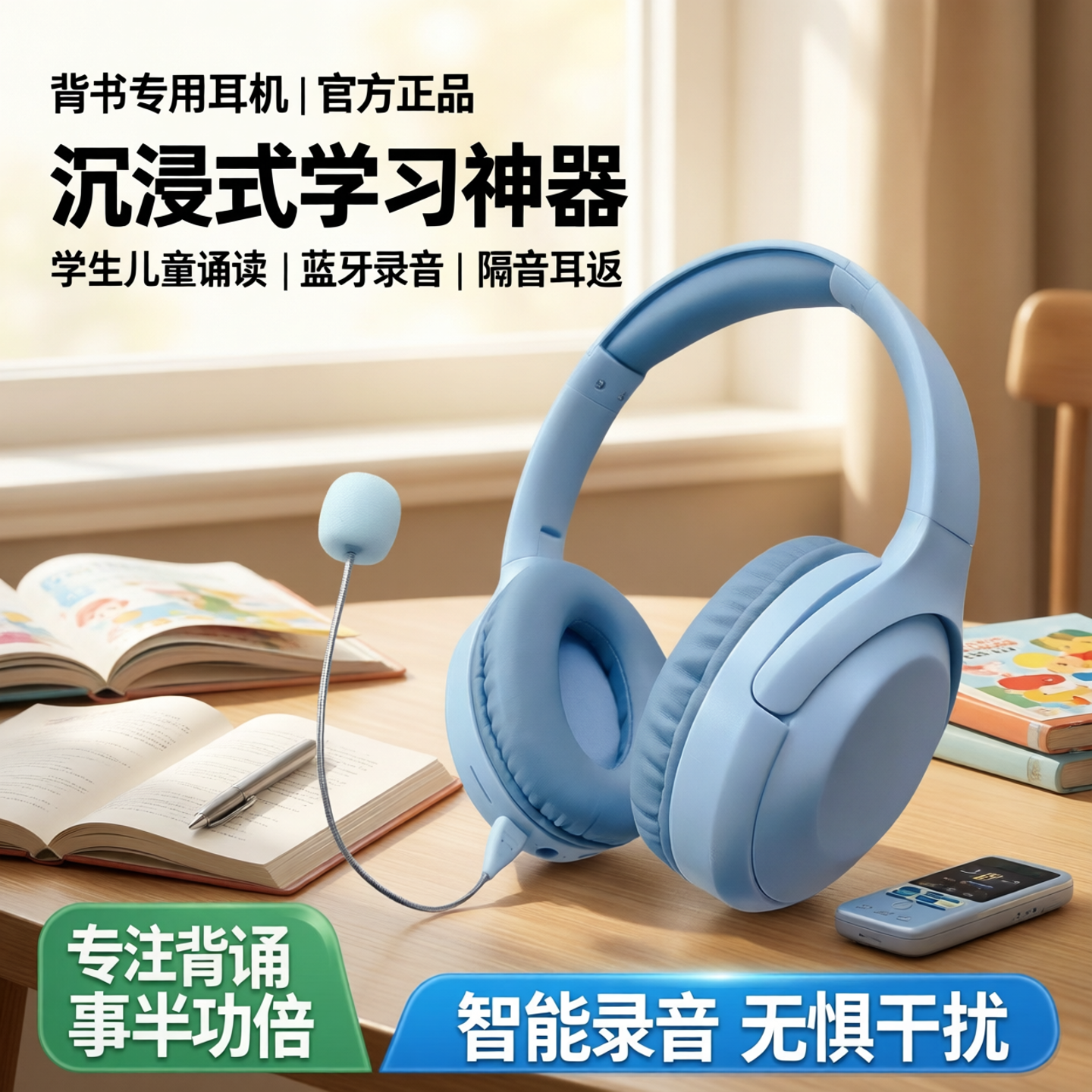 背书专用耳机耳返沉浸式学习学生儿童诵读神器头戴式隔音蓝牙录音