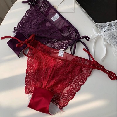 细带绑带法式蕾丝性感镂空女士低腰网纱少女纯欲三角内裤女系带