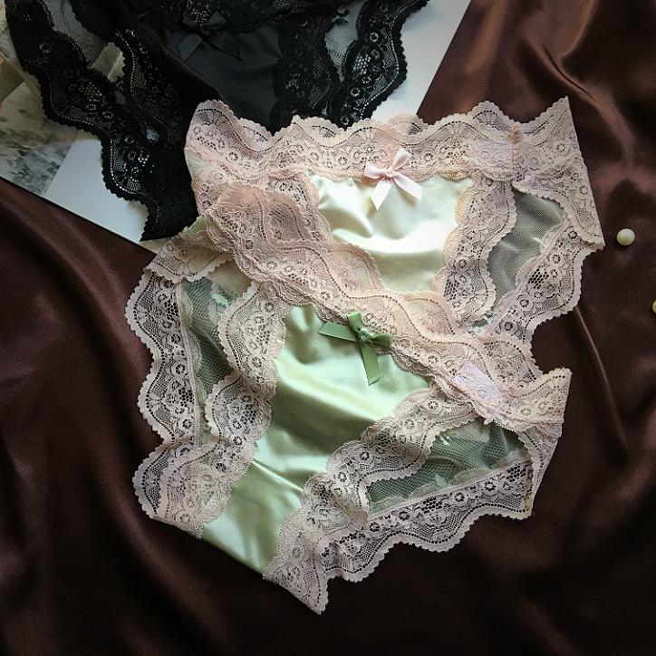 女士法式女生蕾丝性感纯欲小小女低腰透明网纱蕾丝内裤女缎面丝滑