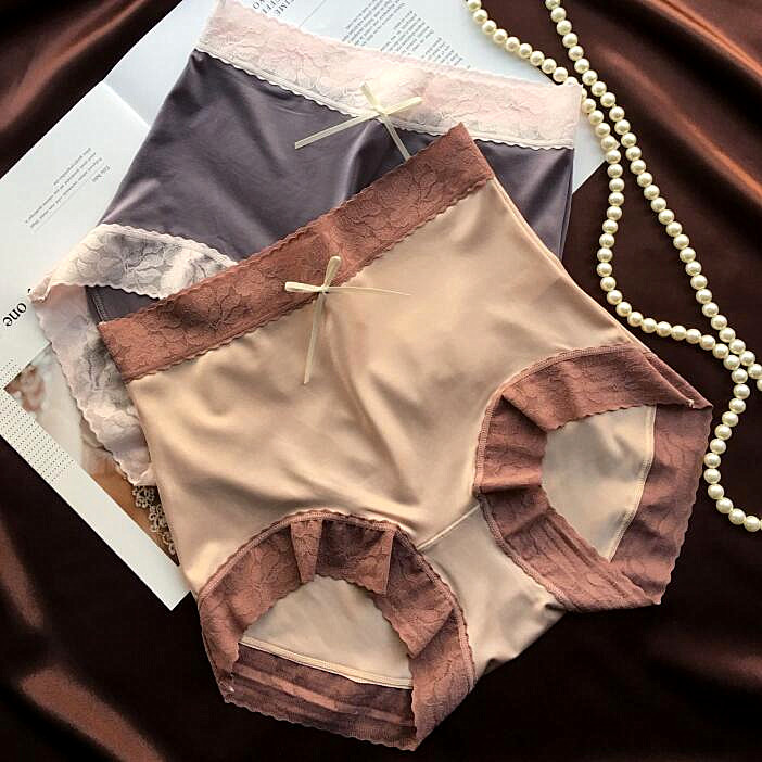 丝滑高腰内裤女绸缎蕾丝边三角裤